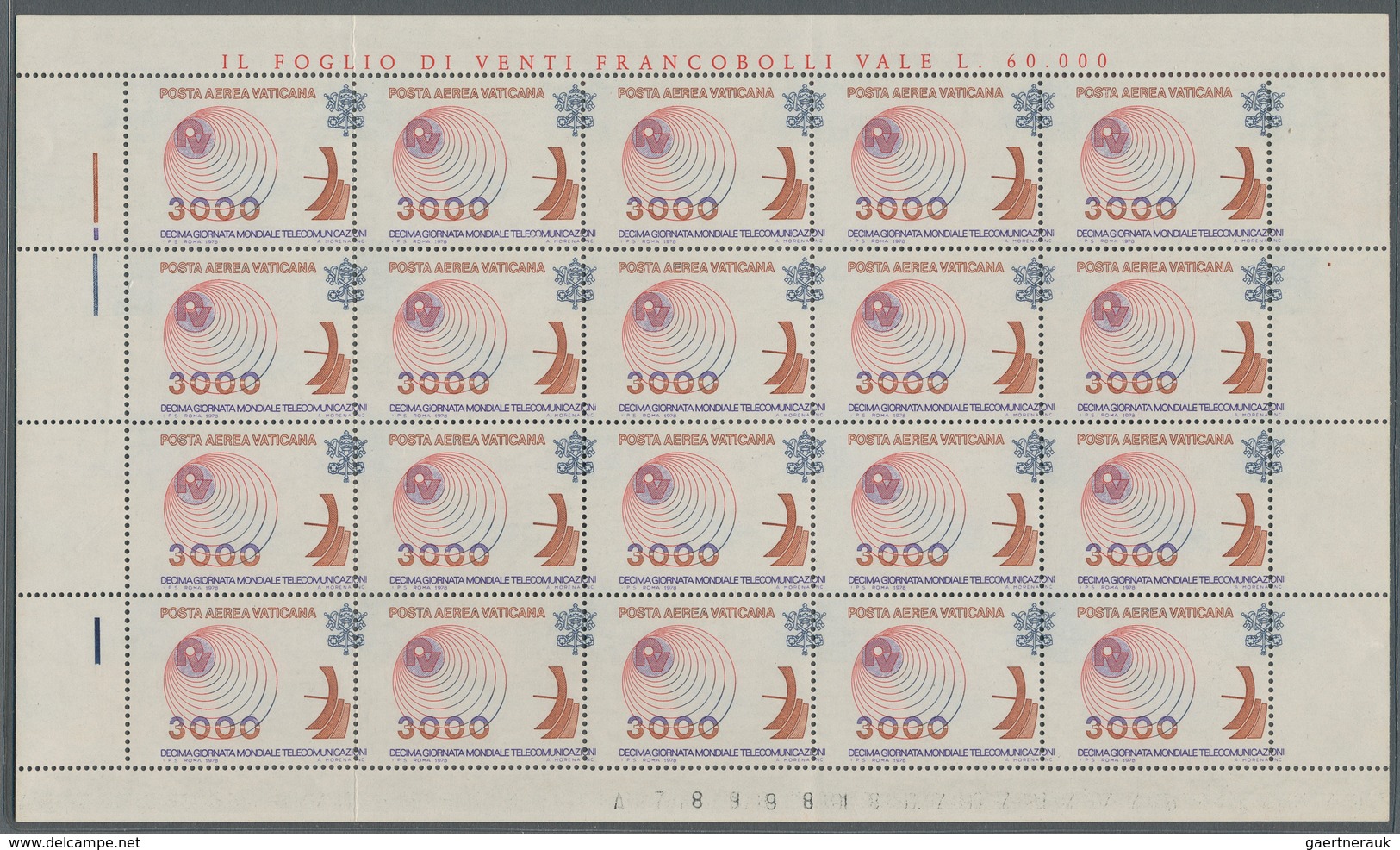 Vatikan: 1978, 3000 L Airmail Stamp "Telecommunication", Complete Printing Sheet With 20 Stamps, Ver - Ungebraucht