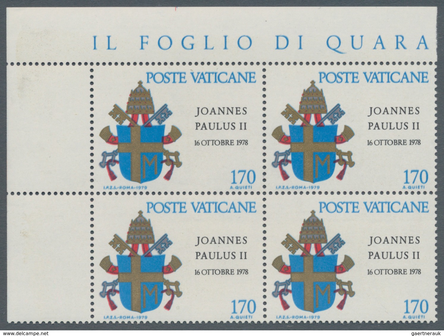 Vatikan: 1979, 170 L "John Paul II.", Block Of 4 From Upper Left Sheet Corner, Each Stamp With Doubl - Unused Stamps