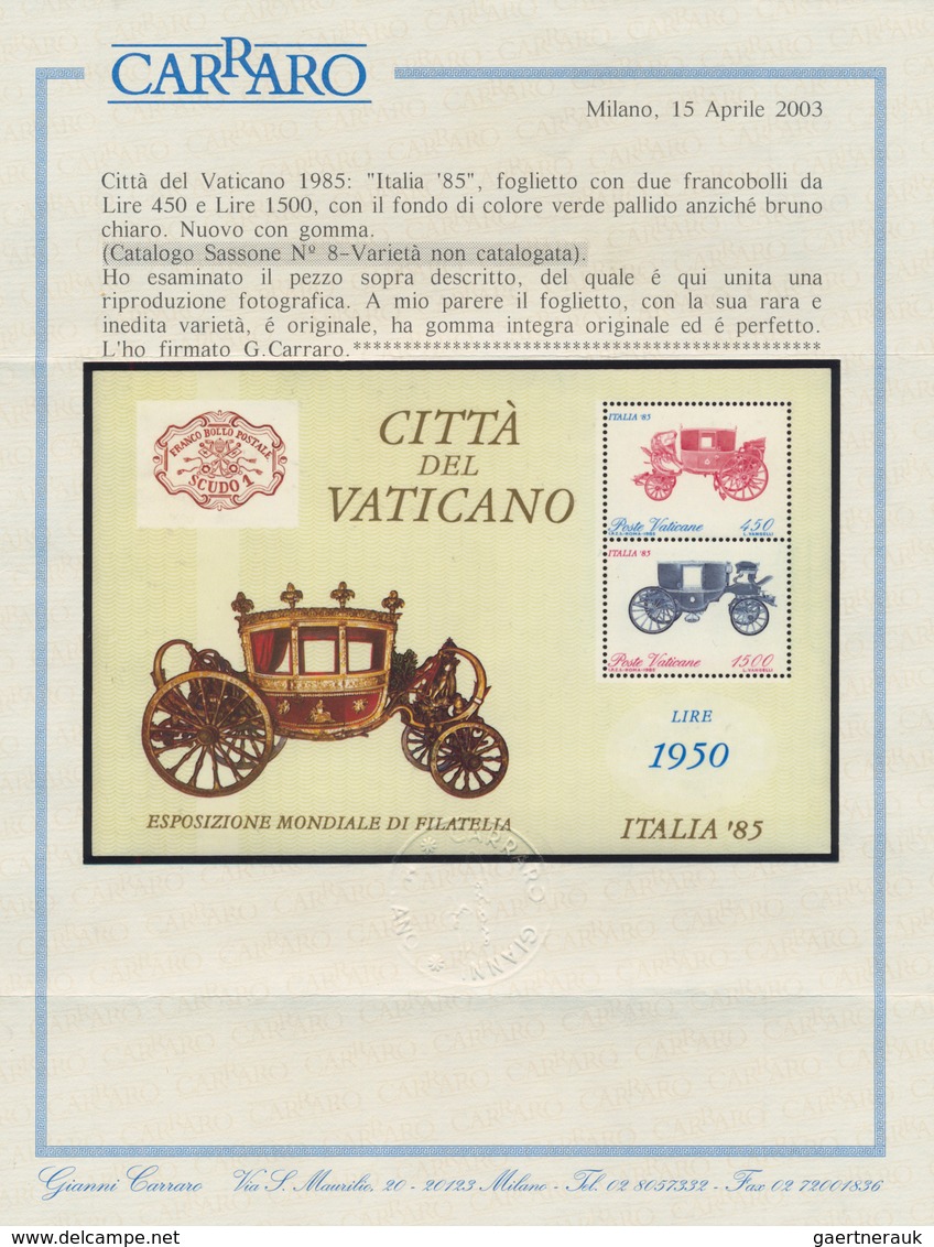 Vatikan: 1985, Stamp Exhibition ITALIA '85, Souvenir Sheet With Background Printing In Green Instead - Unused Stamps