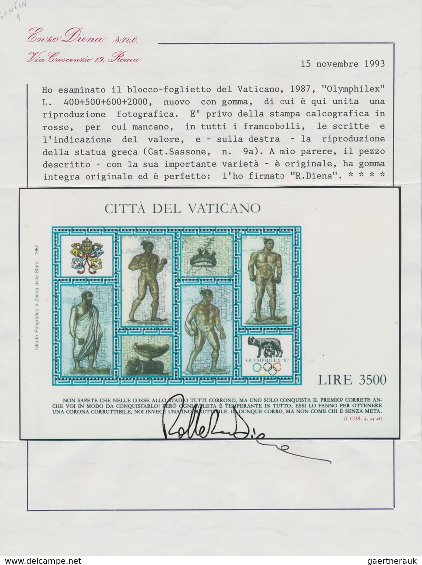 Vatikan: 1987, OLYMPHILEX '87, Souvenir Sheet, Printing Color Red (inscriptions 'POSTE VATICANE, Den - Ungebraucht