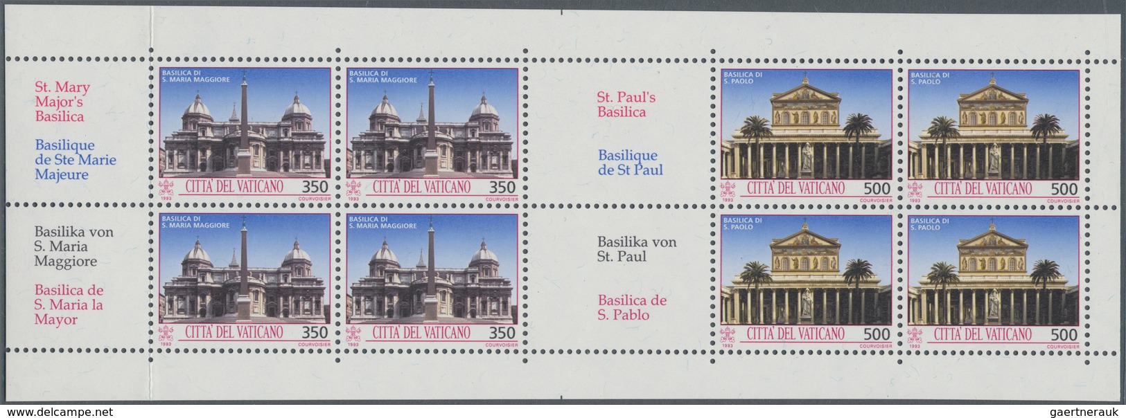 Vatikan: 1993, Monuments, 350 L And 500 L, Each As Block Of 4 Se-tenant With Each 2 Multilingual Des - Ungebraucht