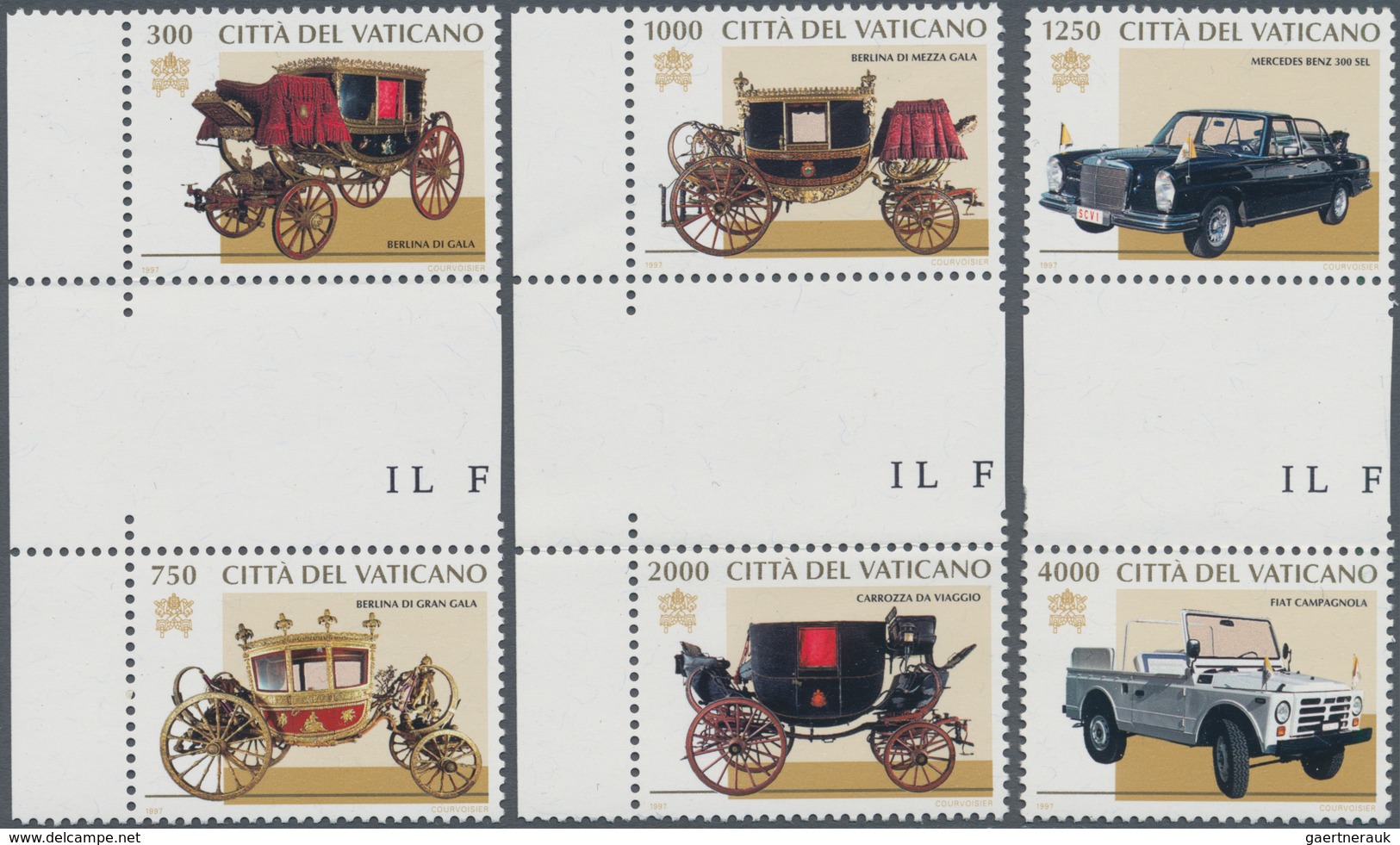 Vatikan: 1997, Papal Cars And Coaches, Lot With 6 Different Vertical Gutter Pairs: 50 + 50 L, 100 + - Unused Stamps