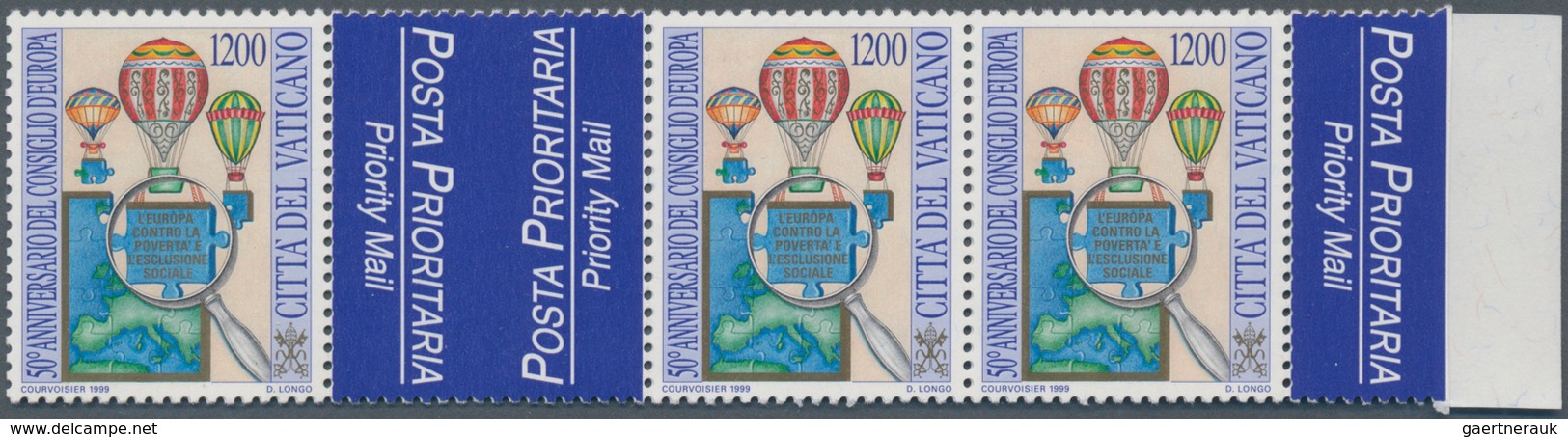 Vatikan: 1999, 1200 L "Council Of Europe", Horizontal Strip Of 6 Stamps (folded) With Lateral Margin - Unused Stamps