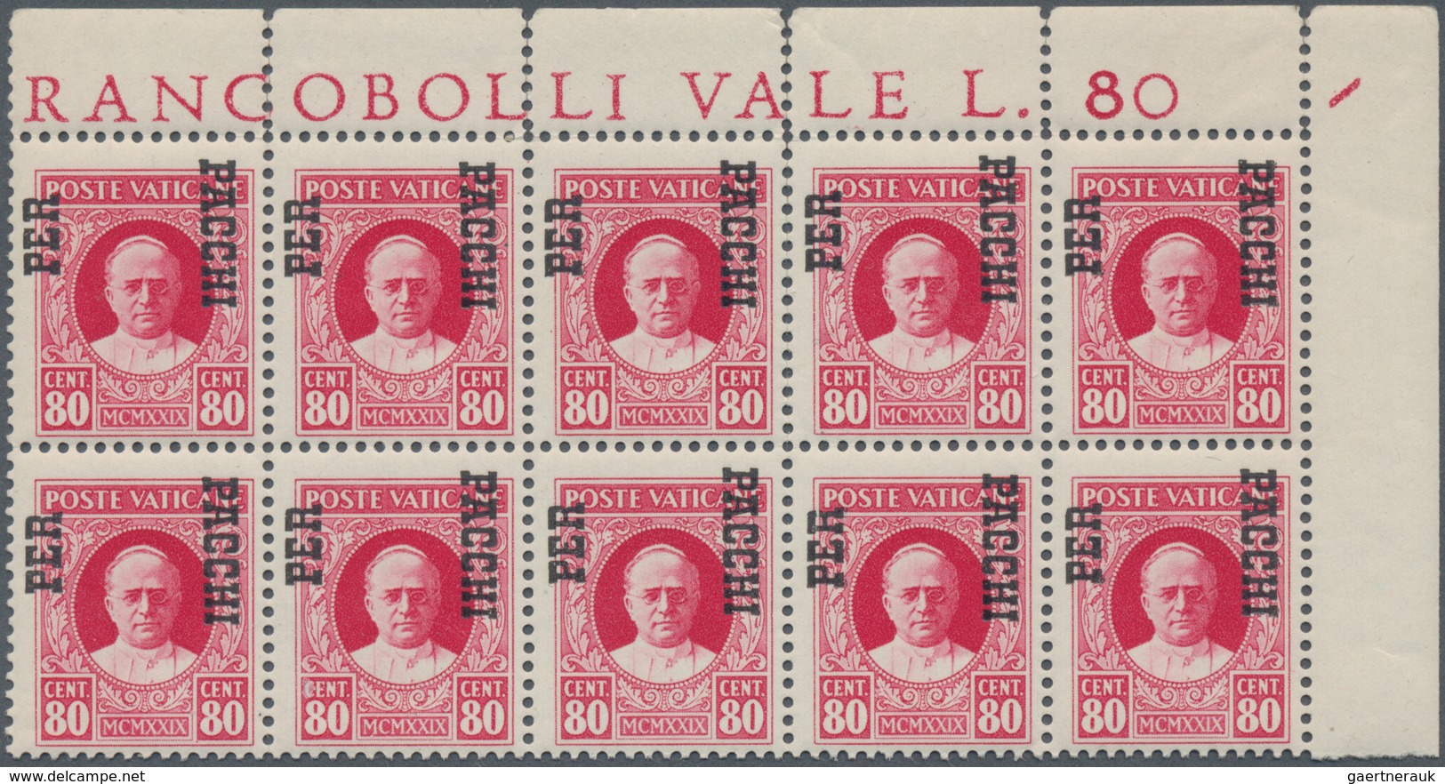 Vatikan - Paketmarken: 1931, 80 C Carmine, Vertical Overprint 'PER PACCHI" Shifted Upwards, Block Of - Paketmarken