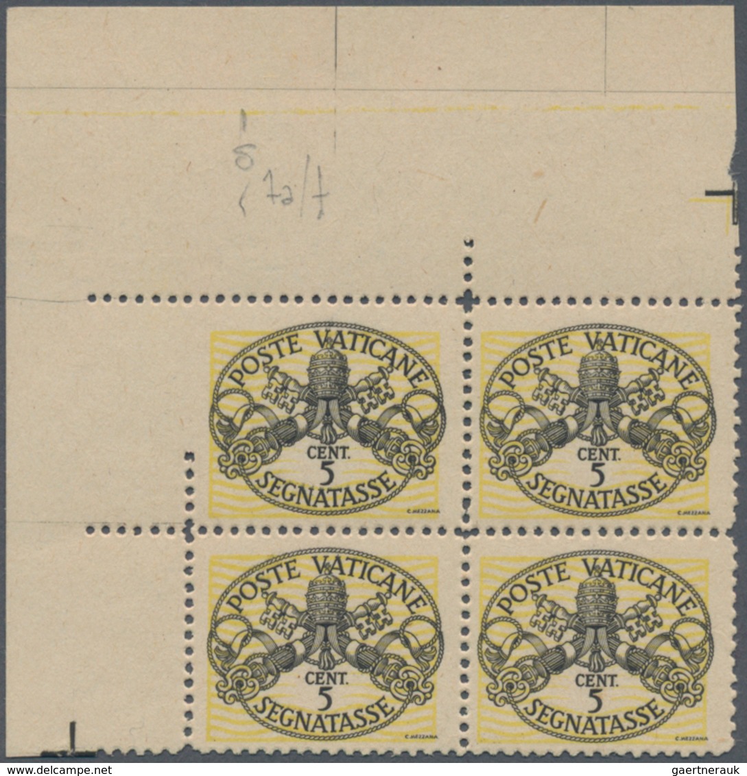 Vatikan - Portomarken: 1945, 5 C Black/yellow "coat Of Arms", Block Of 4 From Upper Left Sheet Corne - Portomarken