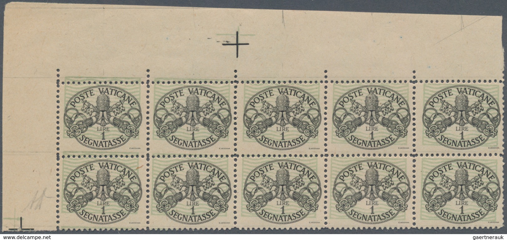 Vatikan - Portomarken: 1945, 1 L Black/dull Green "coat Of Arms", Block Of 10 (5 X 2) From Upper Lef - Postage Due