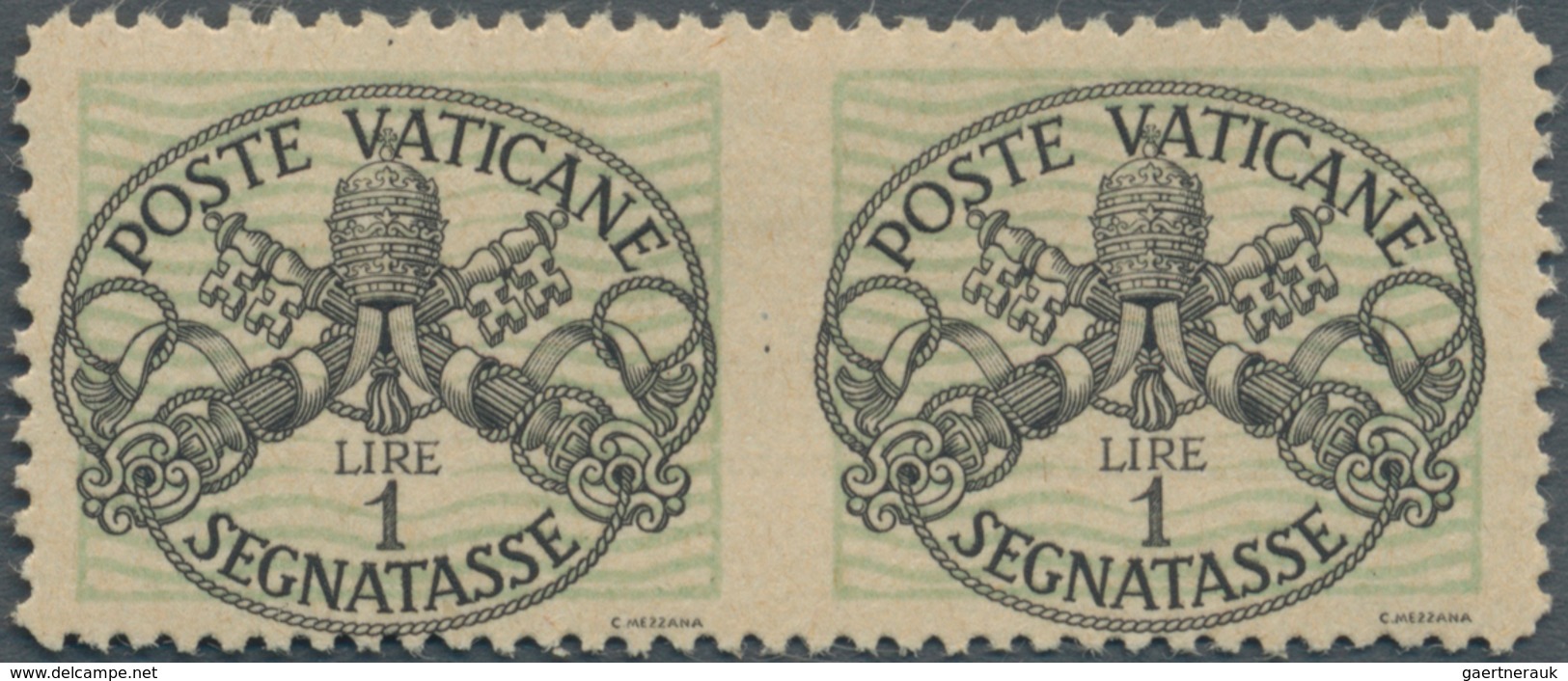 Vatikan - Portomarken: 1945, 1 L Black/dull Green "coat Of Arms", Horizontal Pair With Vertically Im - Portomarken