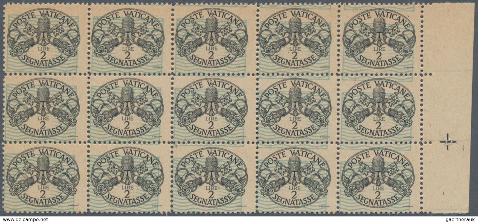 Vatikan - Portomarken: 1945, 2 L Black/bright Blue "coat Of Arms", Block Of 15 (5 X 3) From Right Sh - Portomarken