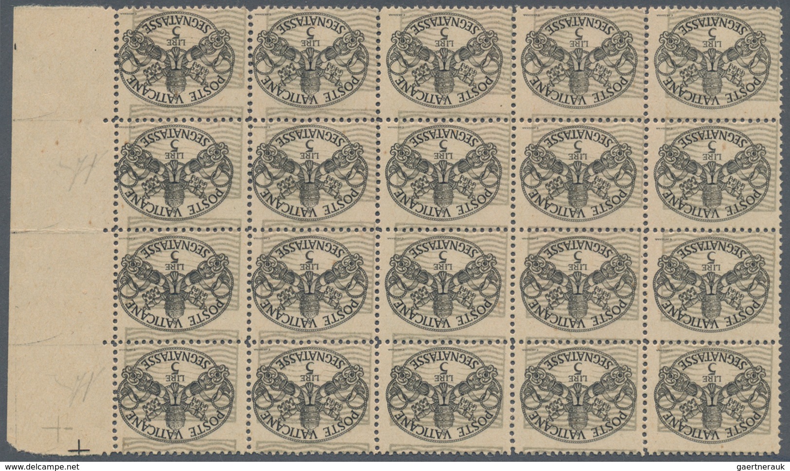 Vatikan - Portomarken: 1945, 5 L Black/grey "coat Of Arms", Block Of 20 (5 X 4) From Right Sheet Mar - Portomarken