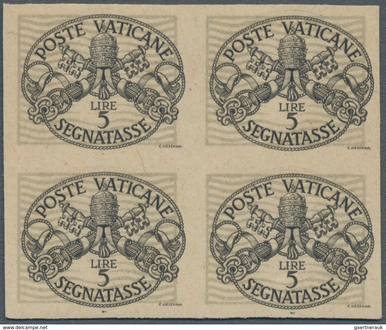 Vatikan - Portomarken: 1945, 5 L Black/grey "coat Of Arms", Imperforated Block Of Four. VF Mint Neve - Postage Due