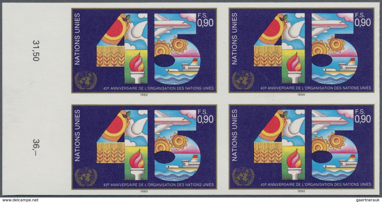 Vereinte Nationen - Genf: 1990. IMPERFORATE Block Of 4 For The 90c Value Of The Set "UN 45th Anniver - Sonstige & Ohne Zuordnung