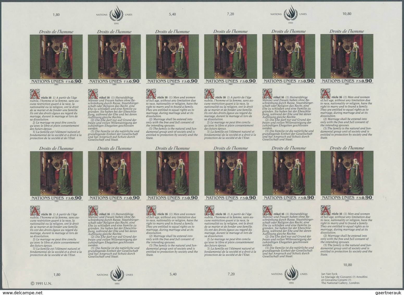 Vereinte Nationen - Genf: 1991. Imperforate Pane Of 12 + 12 Se-tenant Labels For The 90c Value Of Th - Sonstige & Ohne Zuordnung