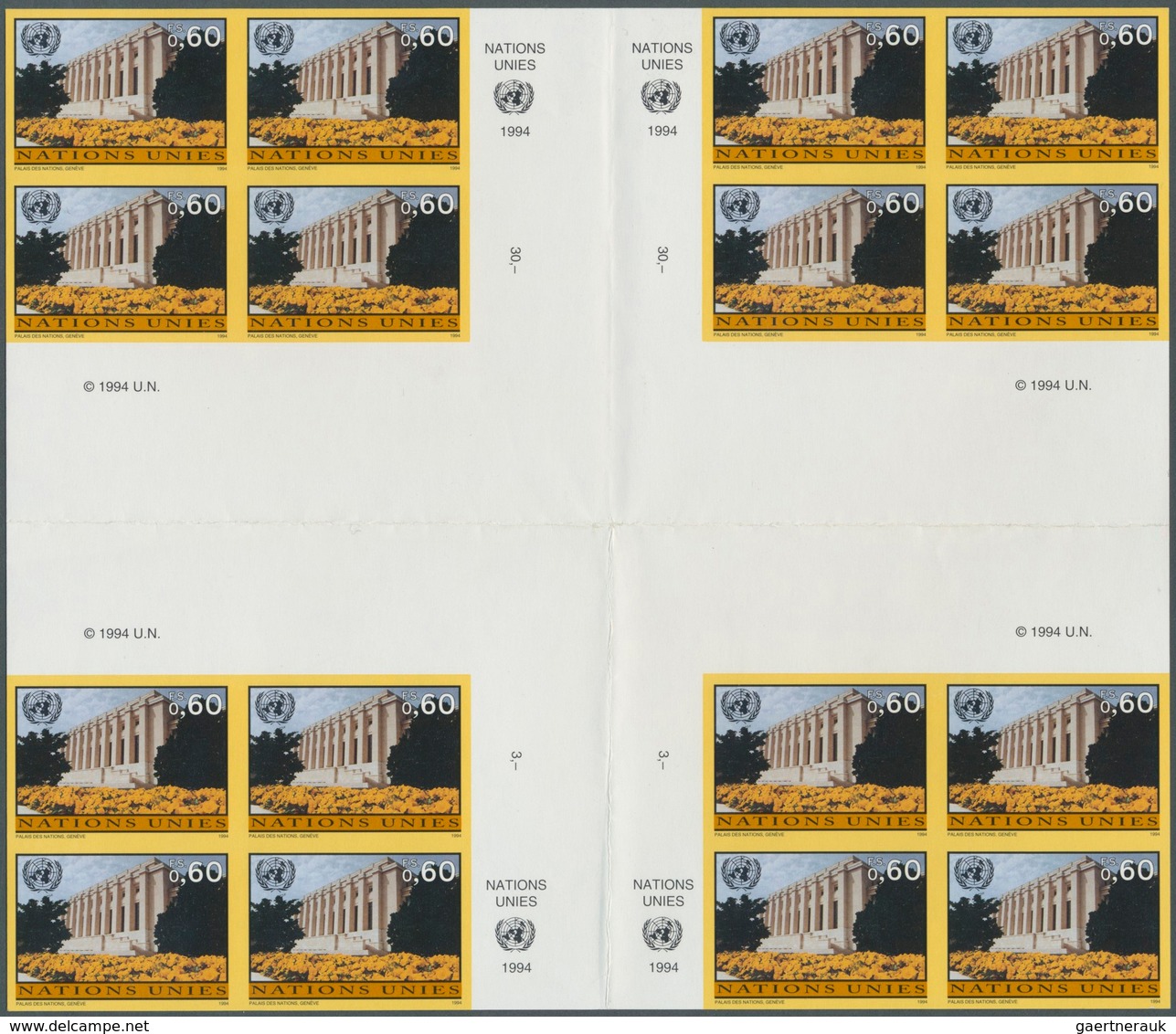 Vereinte Nationen - Genf: 1994. Imperforate Cross Gutter Block Of 4 Blocks Of 4 For The 60c Value Of - Sonstige & Ohne Zuordnung