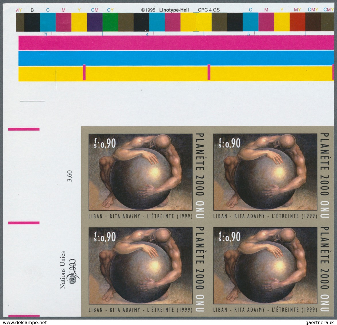 Vereinte Nationen - Genf: 2000, UNO Geneva. Imperforate Corner Block Of 4 For The 90c Value Of The O - Sonstige & Ohne Zuordnung