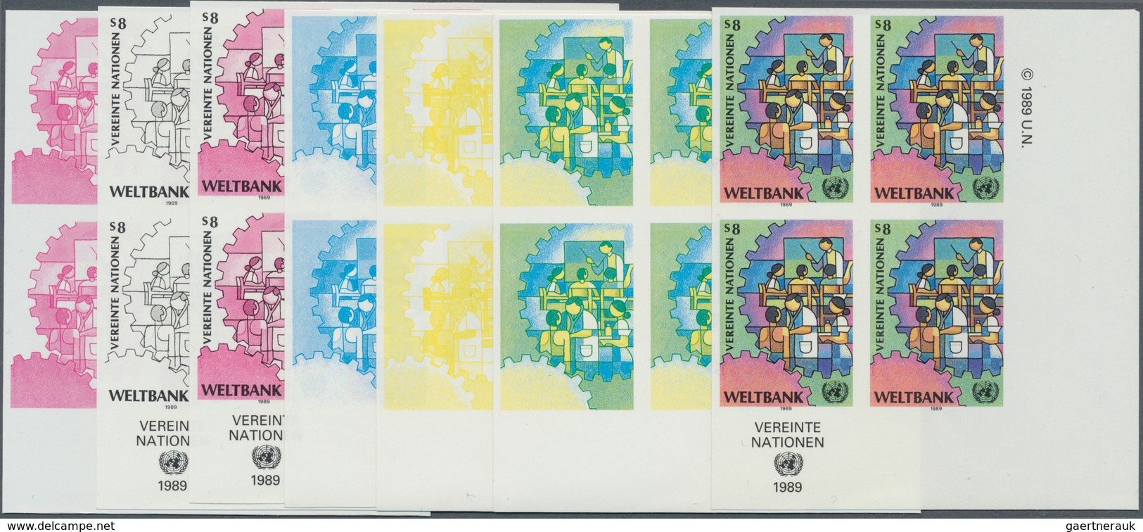 Vereinte Nationen - Wien: 1989. Progressive Proof (7 Phases), Viz Color Separations, In Corner Block - Unused Stamps