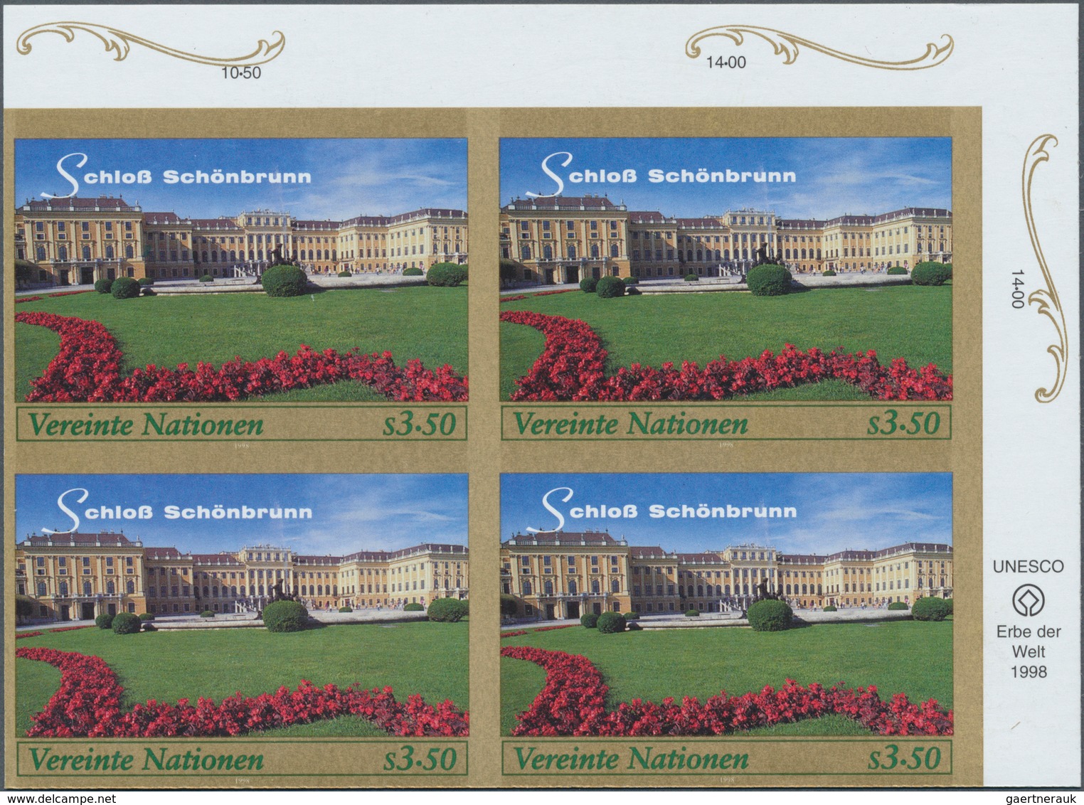 Vereinte Nationen - Wien: 1998. IMPERFORATE Corner Block Of 4 For The 3.50s Value Of The Issue "Worl - Neufs