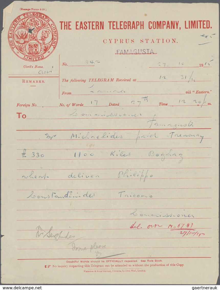 Zypern: 1915, Telegram Form Of The "EASTERN TELEGRAPH COMPANY, Ltd. - CYPRUS STATION" At FAMAGUSTA F - Autres & Non Classés