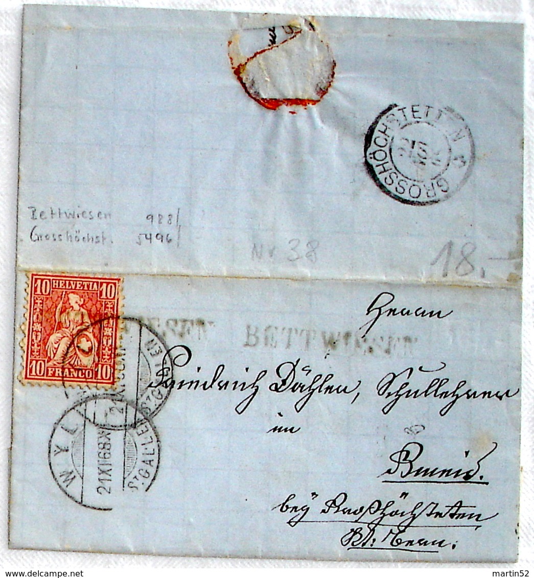 Schweiz Suisse 1868: HELVETIA 10c Zu 38 Mi 30 Yv 43 O BETTWIESEN O WYL 21.XI.68 > GROSSHÖCHSTETTEN 22 NOV 68 Nach Bowil - Lettres & Documents