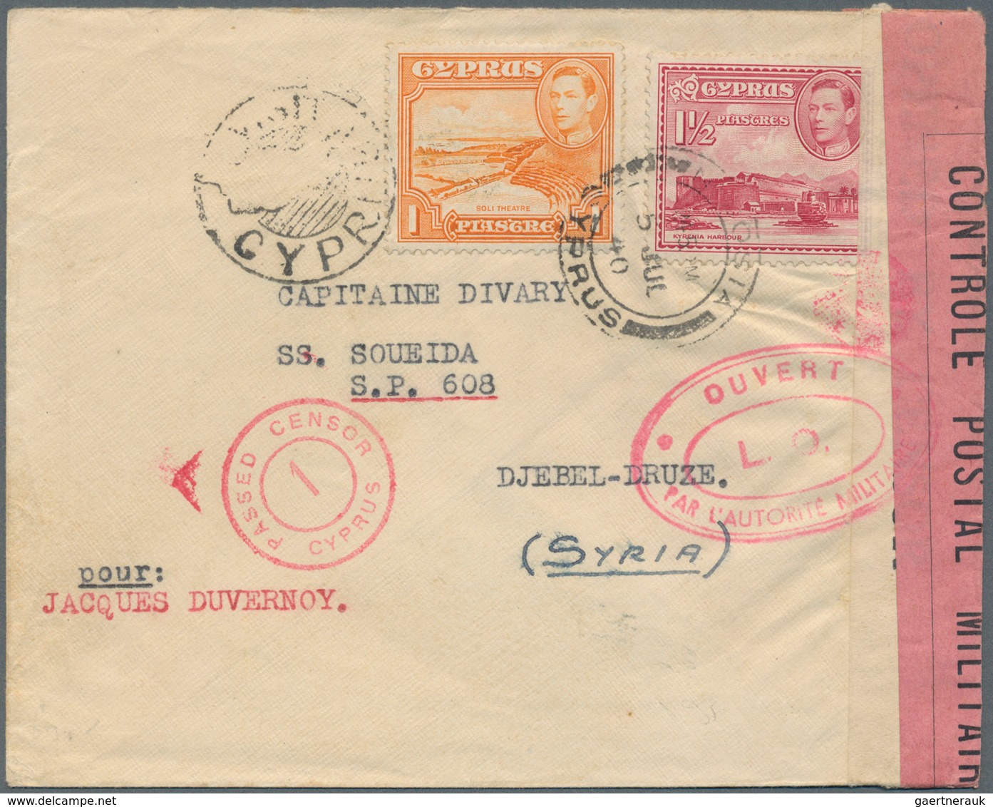 Zypern: 1940. Envelope Addressed To The French Steamer 'S.S. Soueida, S.P. 608, Djebel-Druze, Syria' - Autres & Non Classés