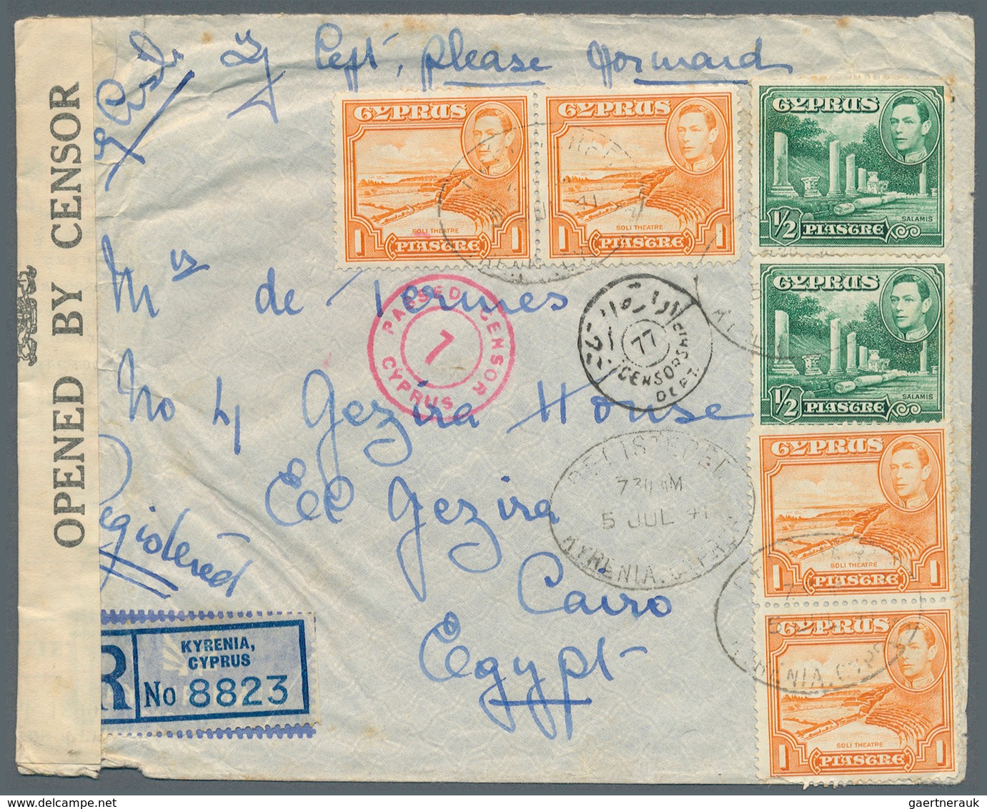 Zypern: 1941. Registered Envelope Addressed To Egypt Bearing SG 152, ½pi Green (2) And SG 154, 1pi O - Autres & Non Classés