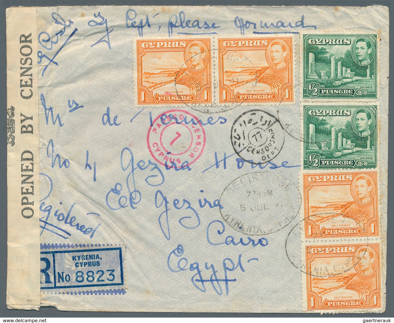 Zypern: 1941. Registered Envelope Addressed To Egypt Bearing SG 152, ½pi Green (2) And SG 154, 1pi O - Other & Unclassified