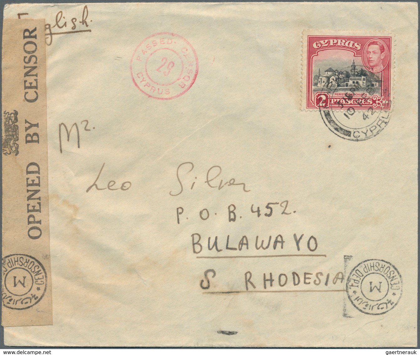 Zypern: 1942. Envelope Addressed To Rhodesia Bearing SG 155b, 2p Black And Carmine Tied By Paphos Do - Other & Unclassified