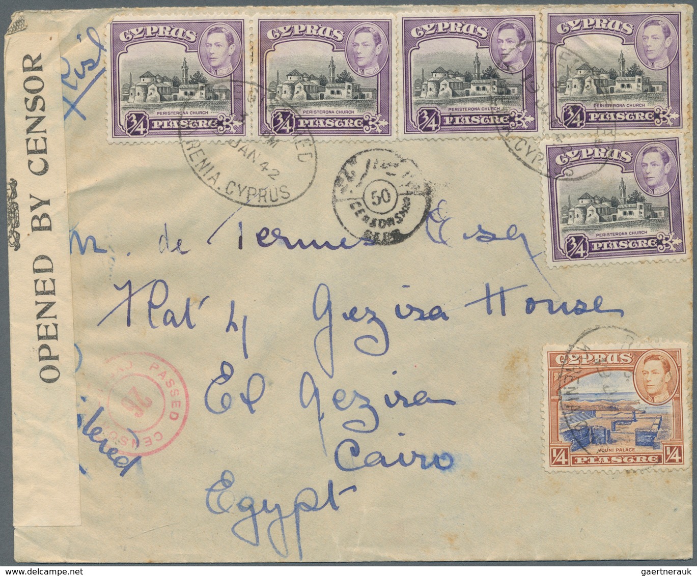 Zypern: 1942. Registered Envelope Addressed To Egypt Bearing SG 151, ¼pi Ultramarine And Brown (5) A - Autres & Non Classés