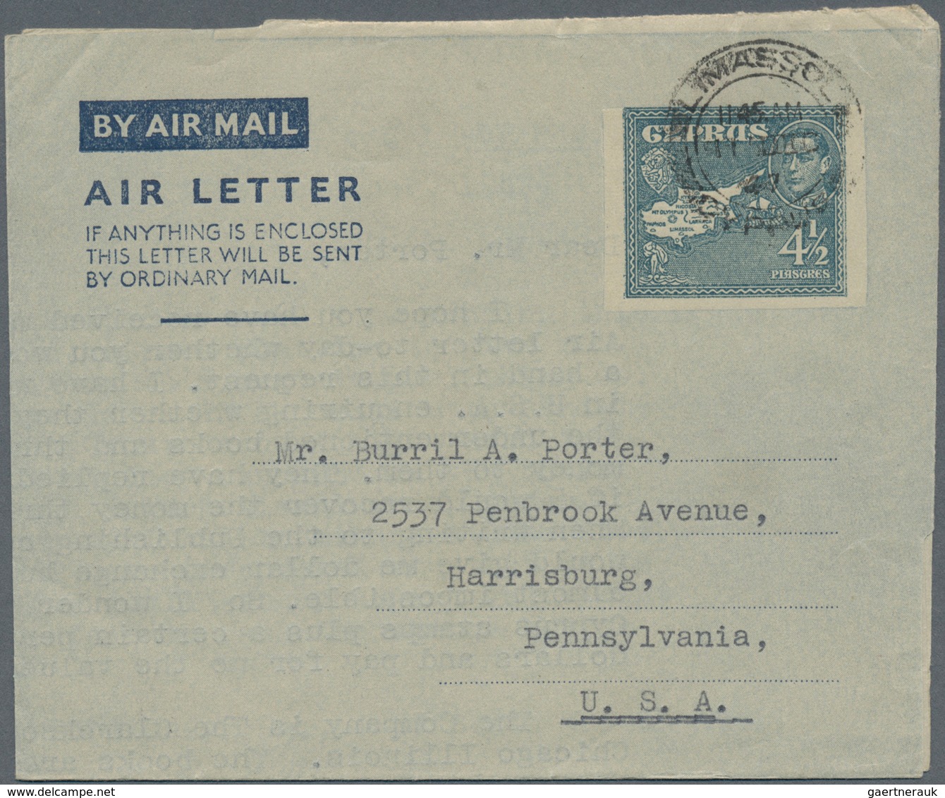 Zypern: 1947, Airletter 4 172d Canc. "LIMASSOL 11 DEC 47" To USA, Commercial Usage (Kessler 2). - Autres & Non Classés