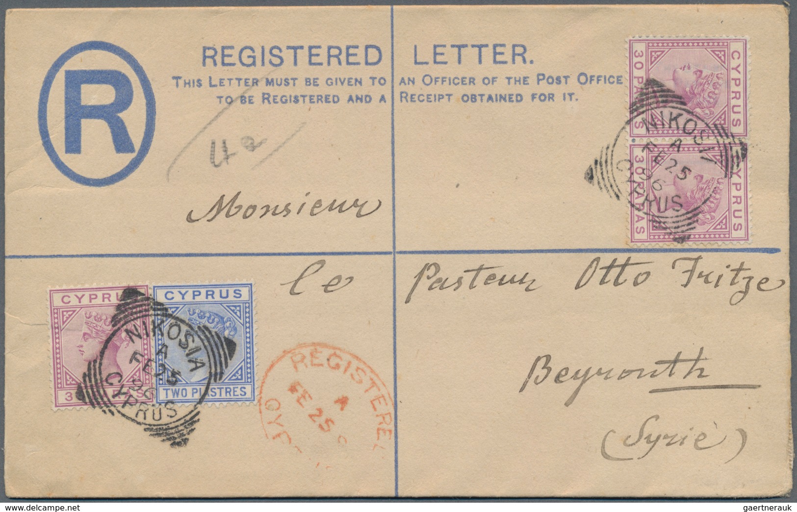 Zypern - Ganzsachen: 1896, Registration Envelope QV 2 Pia. Uprated 2 Pia And 30 Paras (3 Inc. Pair) - Autres & Non Classés