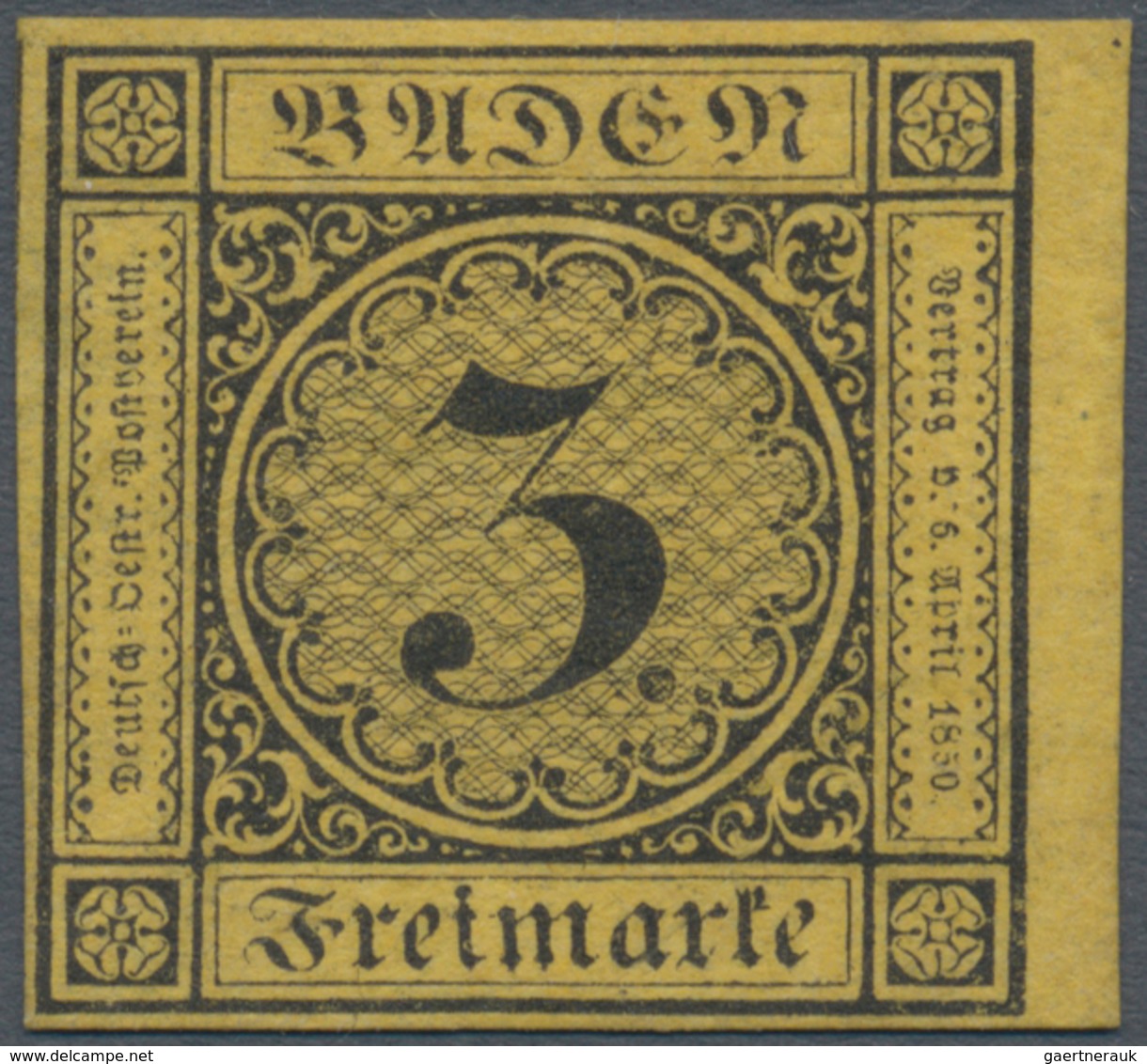 Baden - Marken Und Briefe: 1851, Ziffern 3 Kr. Schwarz Auf Dünnem (rötlich)gelbem Papier Der 1. Aufl - Other & Unclassified