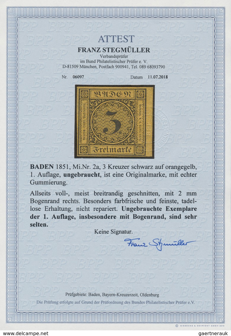 Baden - Marken Und Briefe: 1851, Ziffern 3 Kr. Schwarz Auf Dünnem (rötlich)gelbem Papier Der 1. Aufl - Other & Unclassified