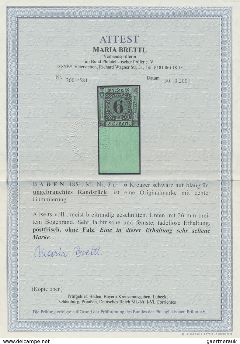 Baden - Marken Und Briefe: 1851, Ziffern 3 Kr. Schwarz Auf Dünnem Blaugrünem Papier Der 1. Auflage, - Other & Unclassified