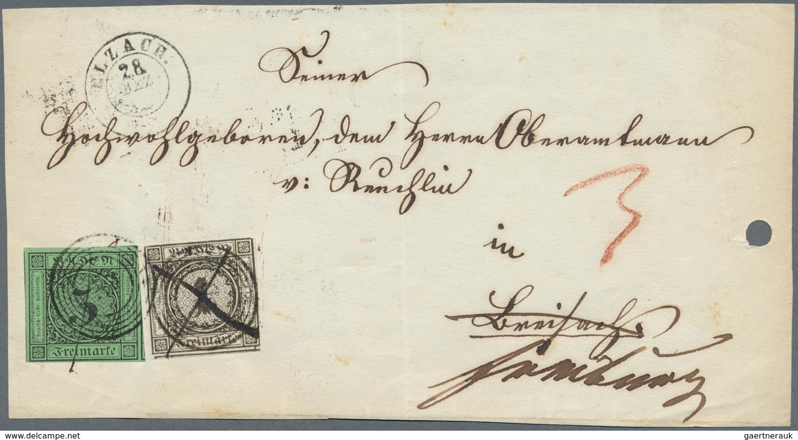 Baden - Marken Und Briefe: 1858, Zwei Belege Mit 3 Kr. Auf Grün Und Zustellgebühr 1 Kr. Auf Weiß, Da - Sonstige & Ohne Zuordnung