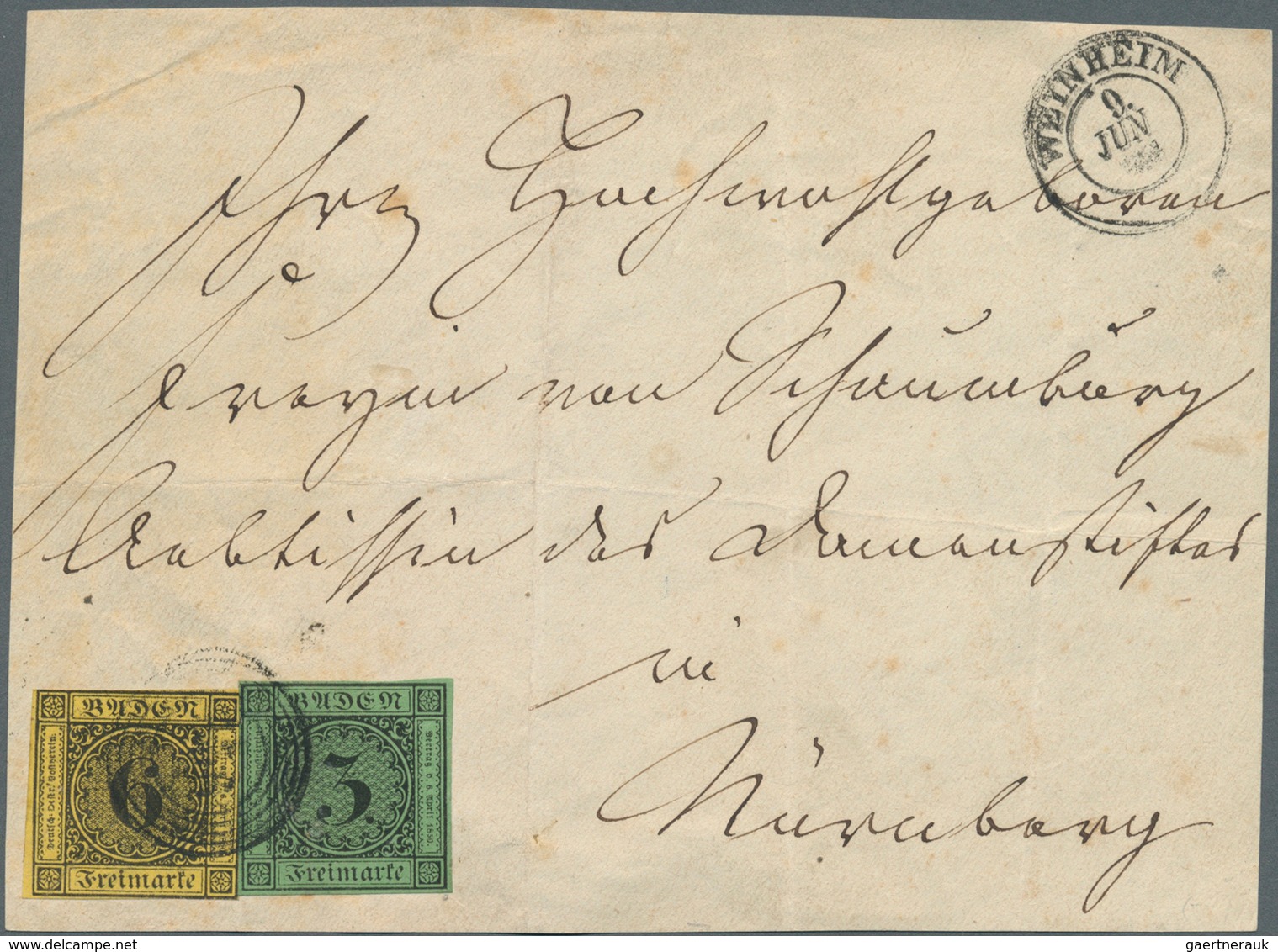 Baden - Marken Und Briefe: 1853, 3 Kr. Schwarz Auf Grün Und 6 Kr. Schwarz Auf Gelb (6 Kr. Unten Knap - Other & Unclassified