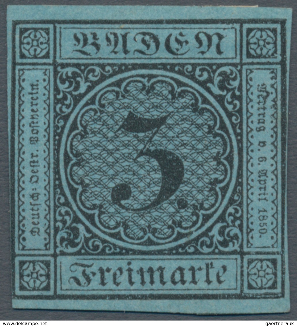 Baden - Marken Und Briefe: 1858, 3 Kr. Schwarz Auf Blau, Farbfrisches Exemplar, Links Unten Berühren - Sonstige & Ohne Zuordnung