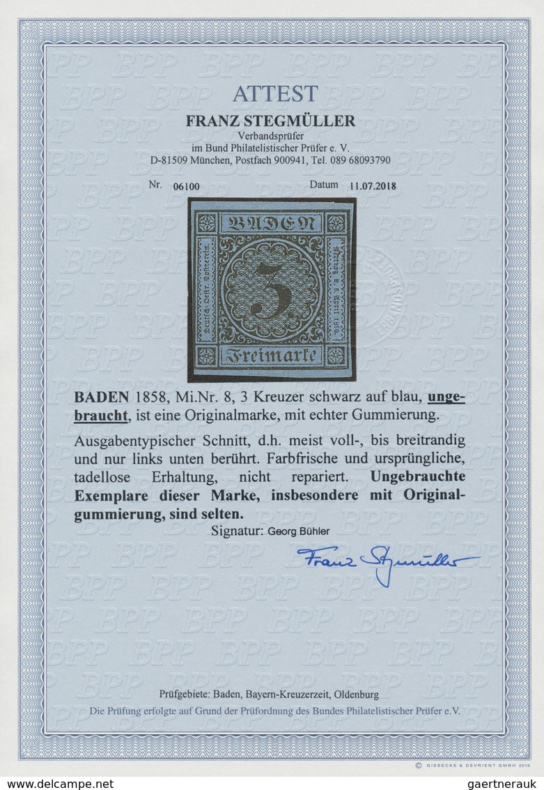 Baden - Marken Und Briefe: 1858, 3 Kr. Schwarz Auf Blau, Farbfrisches Exemplar, Links Unten Berühren - Other & Unclassified