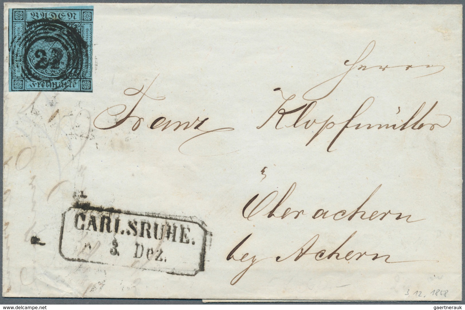 Baden - Marken Und Briefe: 1858, Ziffernausgabe 3 Kr. Schwarz Auf Blau, Einzelfrankatur Mit Frühdatu - Other & Unclassified