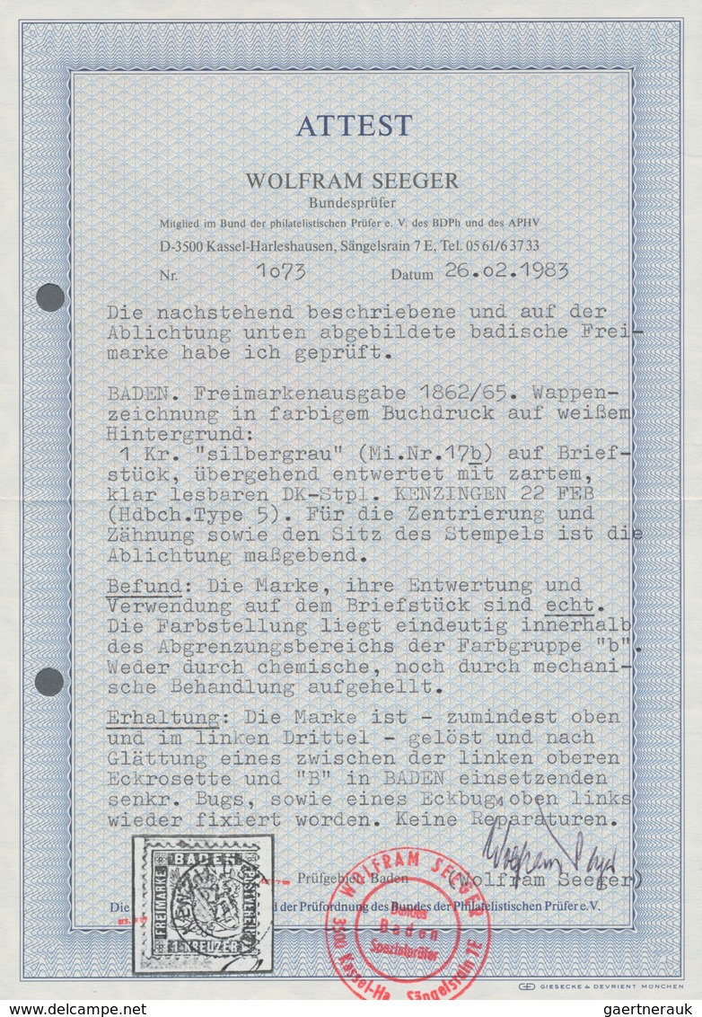 Baden - Marken Und Briefe: 1867, 1 Kreuzer Silbergrau Auf Briefstück Mit Klarem Stempel "KENZINGEN 2 - Sonstige & Ohne Zuordnung