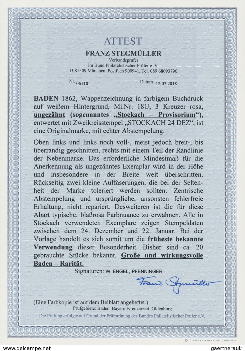 Baden - Marken Und Briefe: 1862, Wappen 3 Kr. Rosa UNGEZÄHNT, Sogenanntes STOCKACH PROVISORIUM, Link - Other & Unclassified