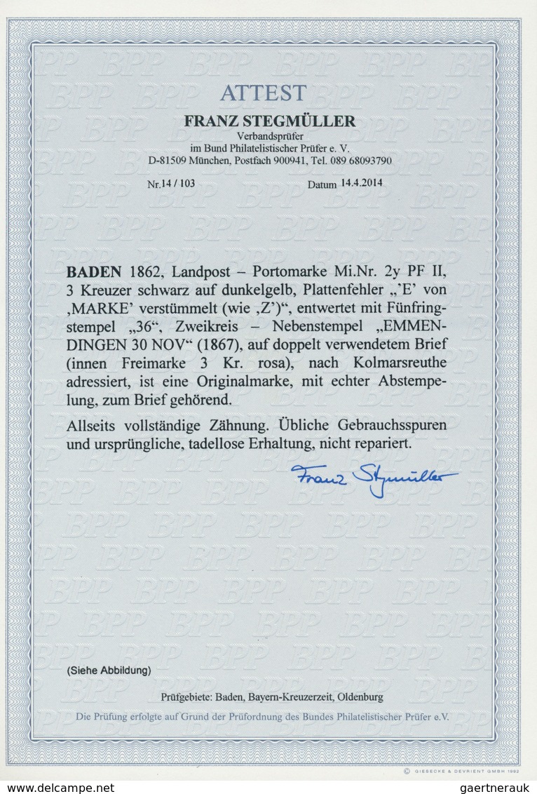 Baden - Landpostmarken: 1862, Landpost-Portomarke 3 Kreuzer Schwarz Auf Dunkelgelb, Mit PLATTENFEHLE - Sonstige & Ohne Zuordnung