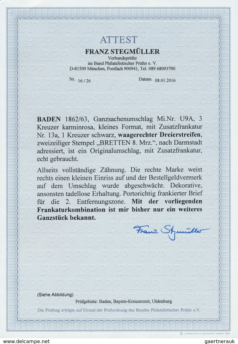 Baden - Ganzsachen: 1862/63: GA-Umschlag 3 Kr. Karminrosa, Kleines Format, Mit ZUSATZFRANKATUR Eines - Sonstige & Ohne Zuordnung