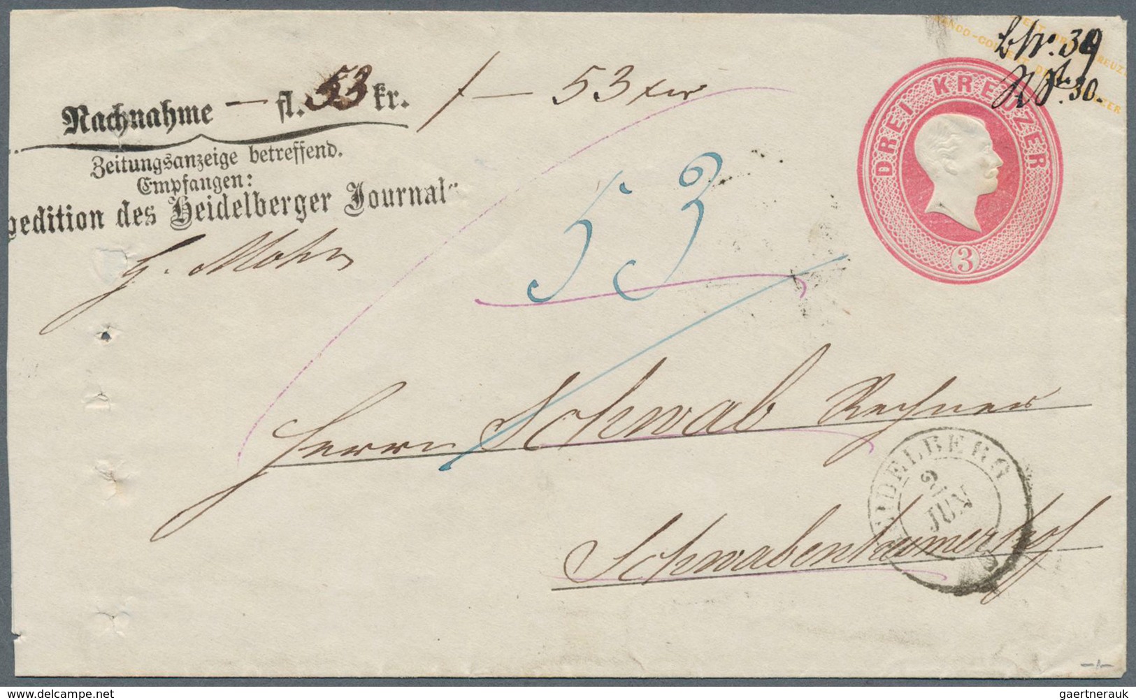 Baden - Ganzsachen: 1863, GA-Umschlag 3 Kr. Karmin, Glattes Papier Mit Aufdruck "Nachnahme - Fl. (hd - Other & Unclassified