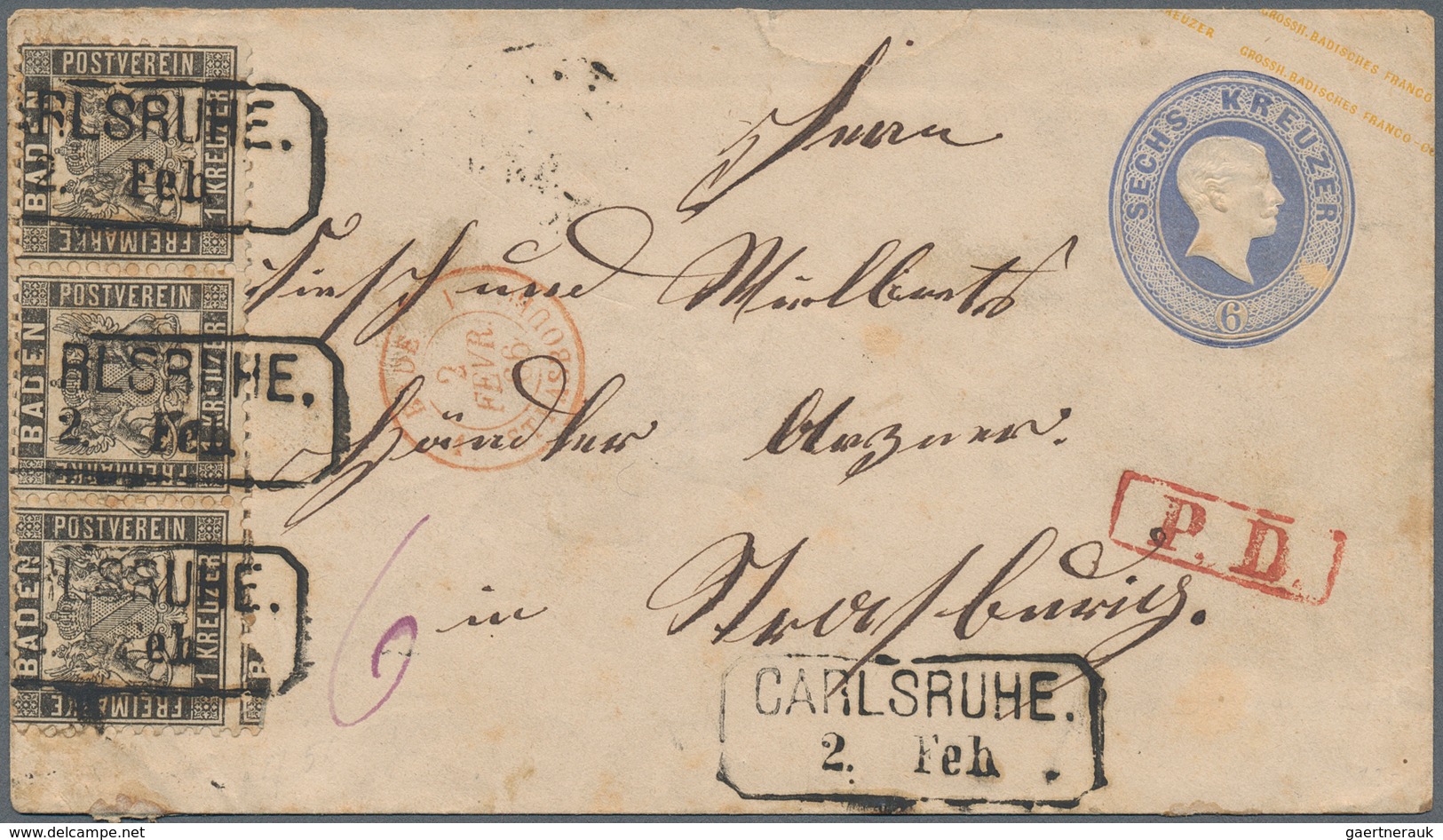 Baden - Ganzsachen: 1866, 6 Kr. Ganzsachenumschlag Mit Dreierstreifen 1 Kr. Wappen Weißer Grund Aus - Autres & Non Classés