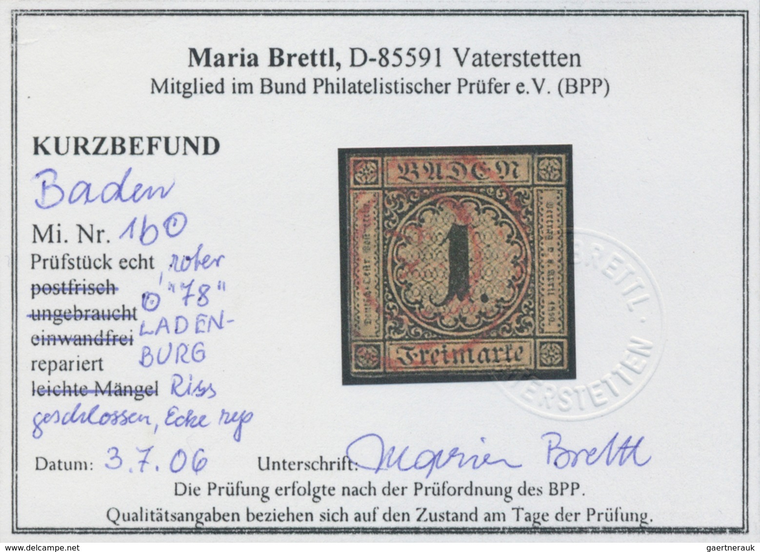 Baden - Ortsstempel: 1851, "LADENBURG" Roter Fünfringstempel Mit Ortsnummer "78" Auf Mi.Nr.: 1 B Mit - Sonstige & Ohne Zuordnung