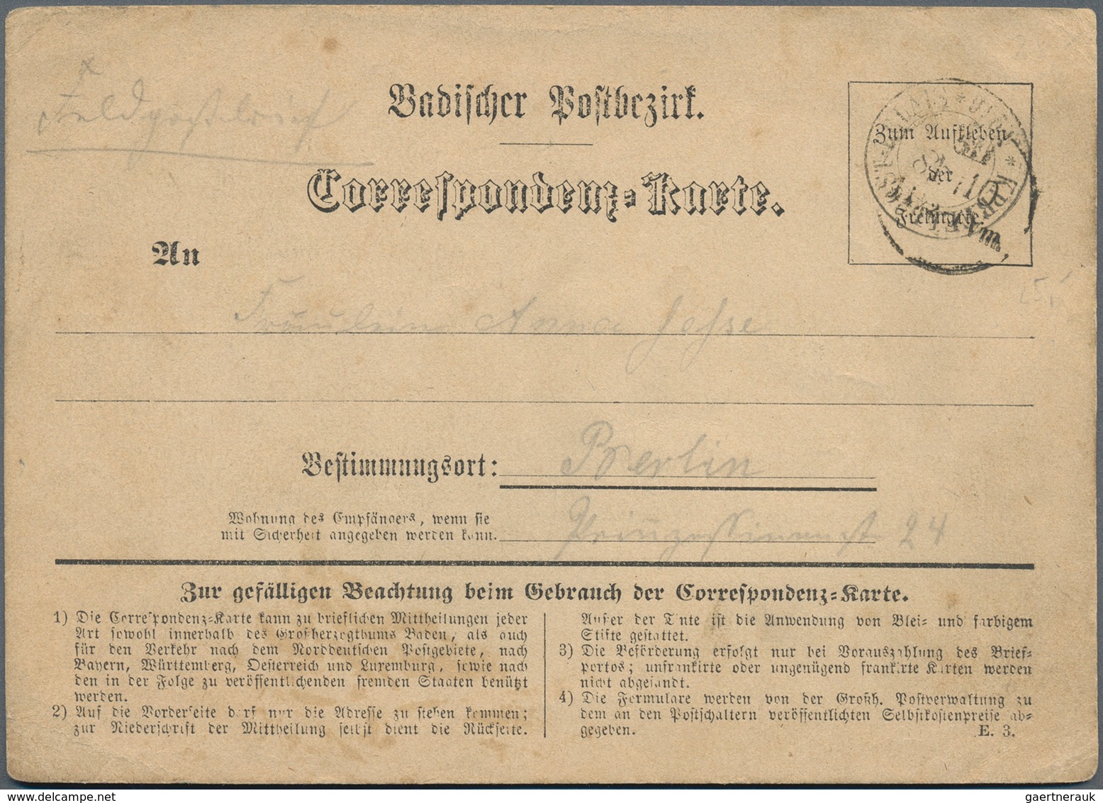 Baden - Feldpost: 1870, Correspondenz-Karte "BADISCHER POSTBEZIRK" Mit K1 "K.PR.FELDPOST RELAIS No. - Autres & Non Classés