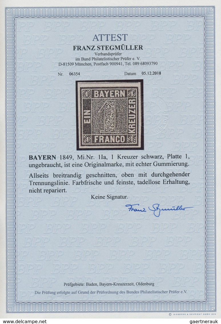 Bayern - Marken Und Briefe: 1849, 1 Kreuzer Schwarz, Platte 1, Ungebraucht Mit Originalgummierung, A - Sonstige & Ohne Zuordnung