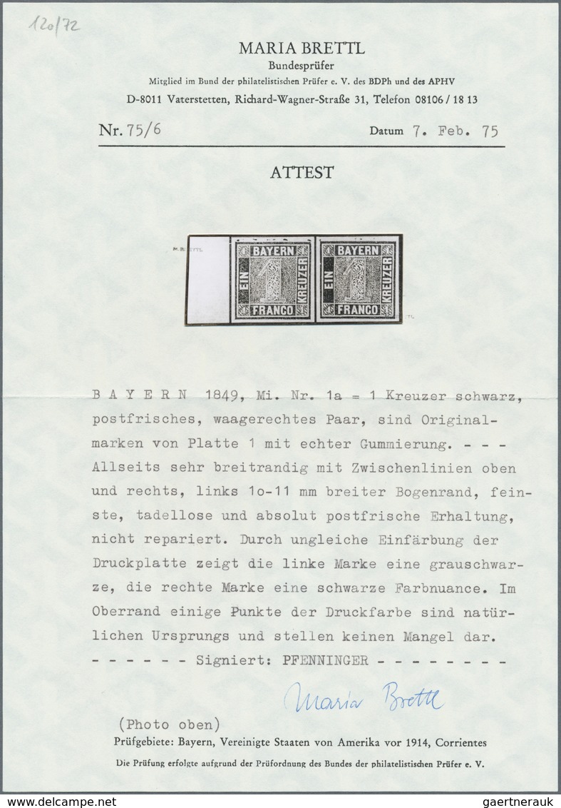 Bayern - Marken Und Briefe: 1849: 1 Kreuzer Grauschwarz, Platte 1, POSTFRISCHES WAAGERECHTES PAAR, A - Autres & Non Classés