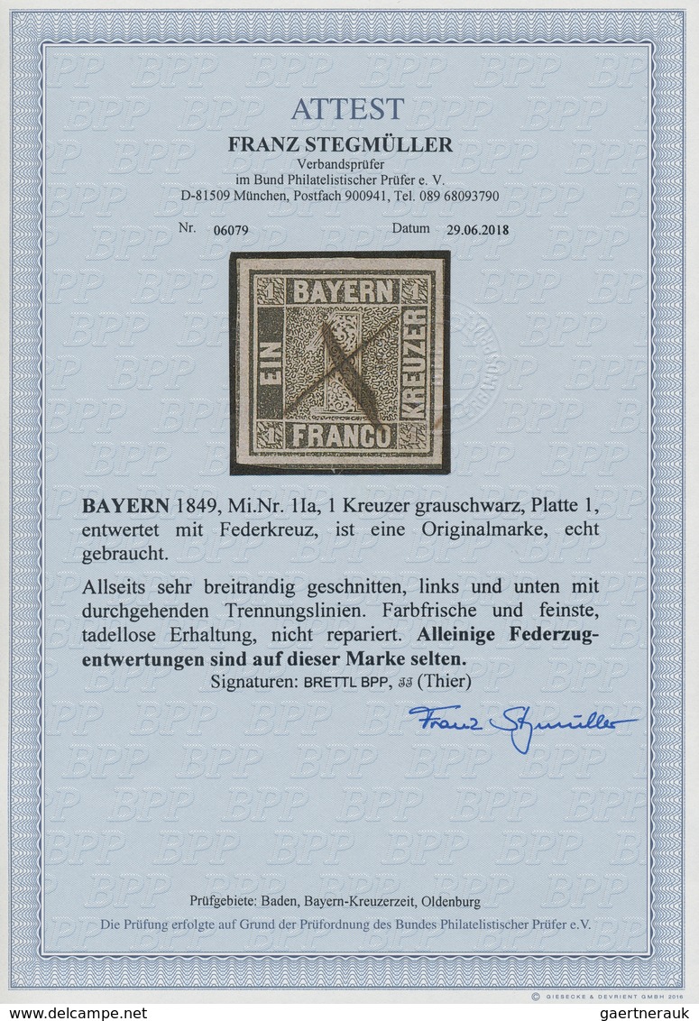 Bayern - Marken Und Briefe: 1849, 1 Kreuzer Grauschwarz, Platte 1, Mit Federkreuz Entwertet. Die Mar - Other & Unclassified