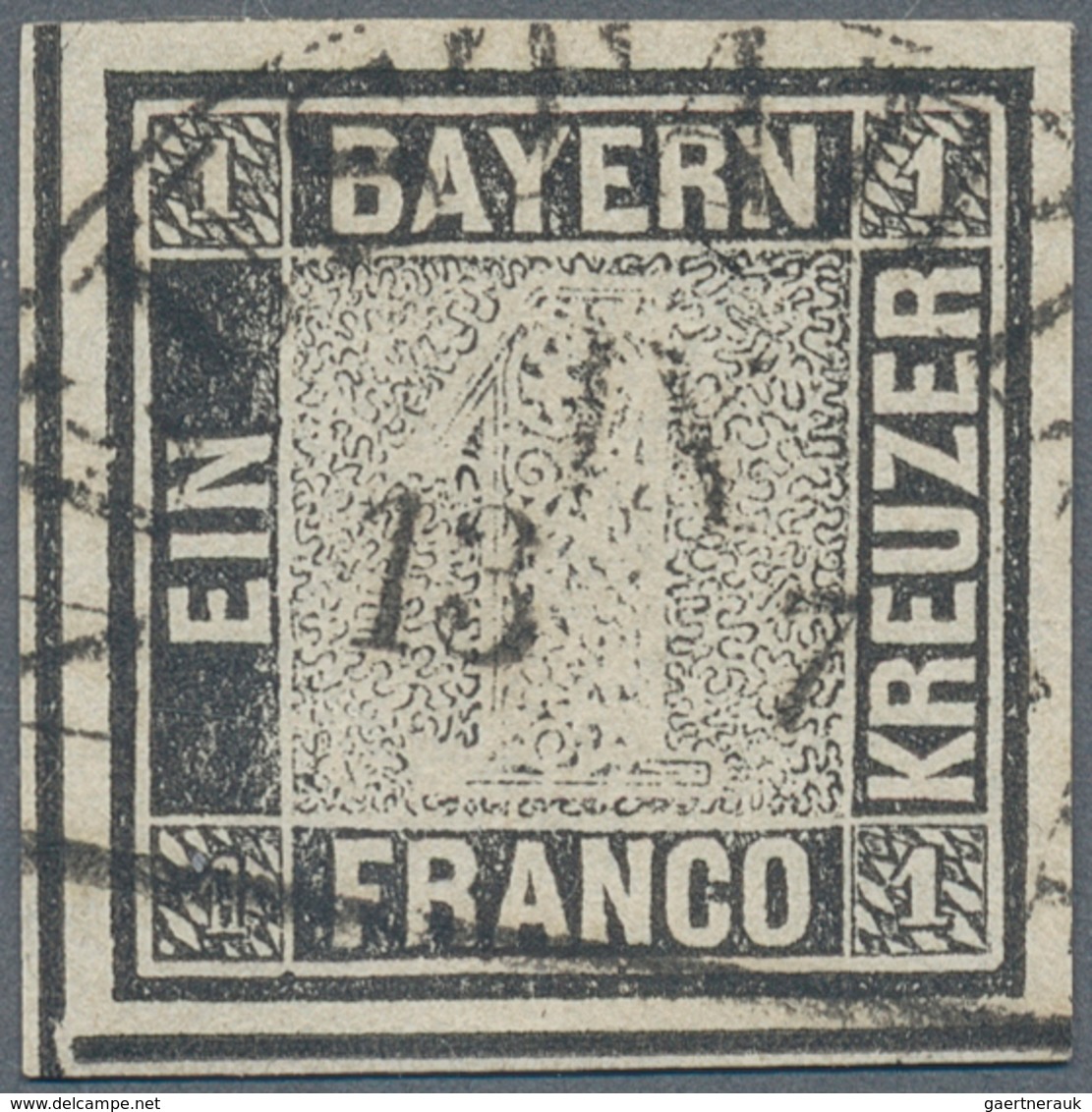 Bayern - Marken Und Briefe: 1849, 1 Kreuzer Schwarz, Platte 1, Vom Unteren Bogenrand, Entwertet Mit - Autres & Non Classés
