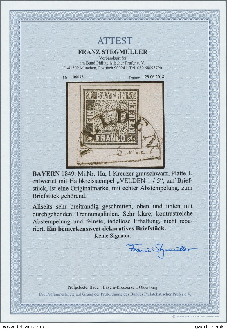 Bayern - Marken Und Briefe: 1849, SCHWARZER EINSER 1 Kreuzer Grauschwarz, Platte 1, Briefstück Mit H - Autres & Non Classés